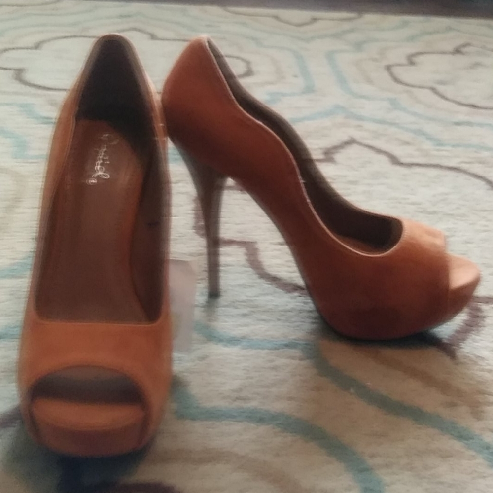 Brown Suede Open Toe Pumps